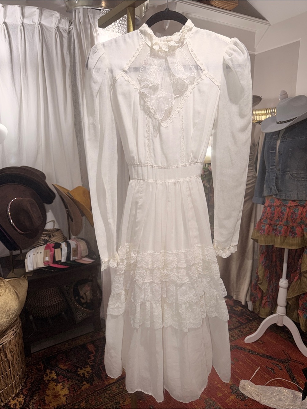 1970's Vintage Candi Jones white lace prarie dress